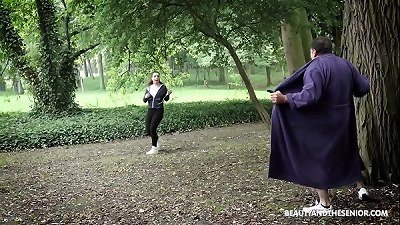 Creeper showcases young super hot runner! She stop and plumbs the elder dude!