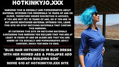 Blue hair Hotkinkyjo in blue dress handballing her ruined ball-sac & ass inside-out add quit house side